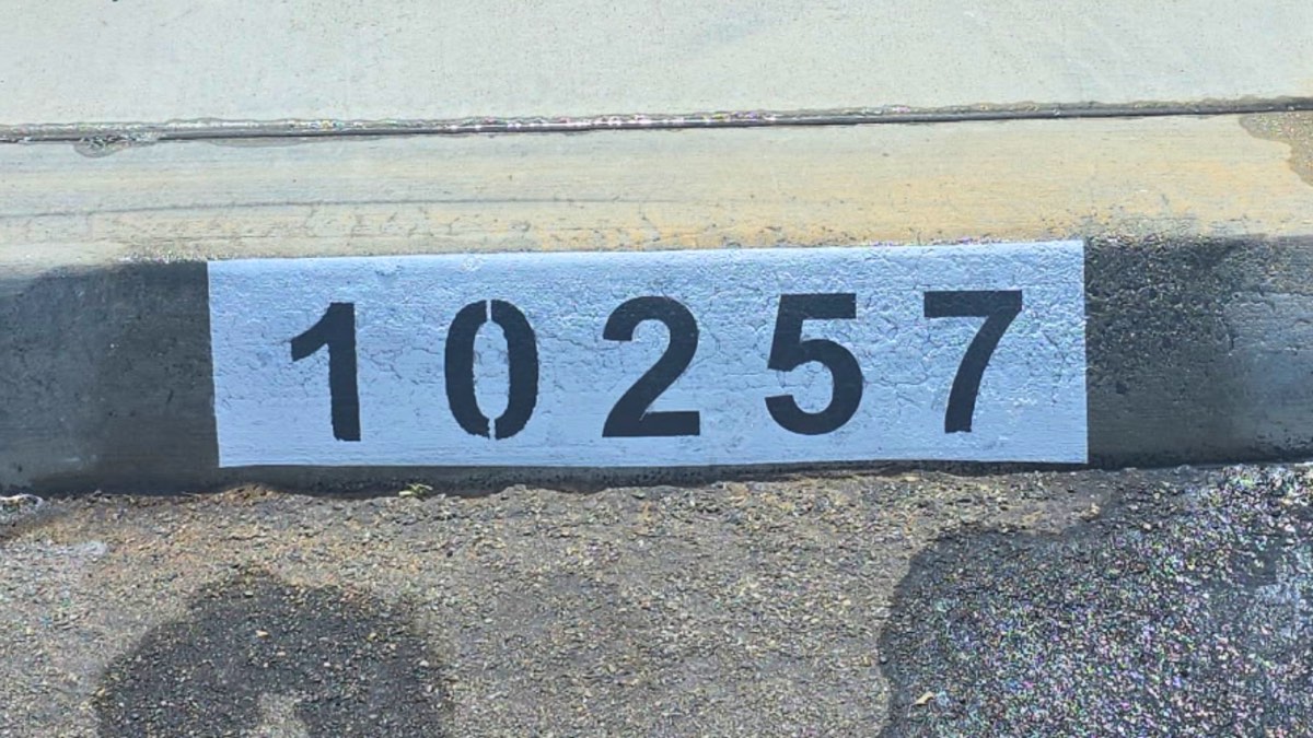 Black five-digit number 10257 painted on a white curb marker along a paved residential street