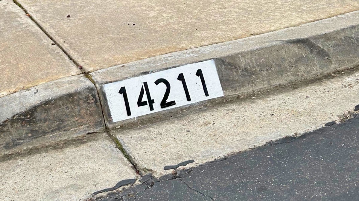 Black five-digit number 14211 painted on a white background at the curb near a cracked sidewalk seam