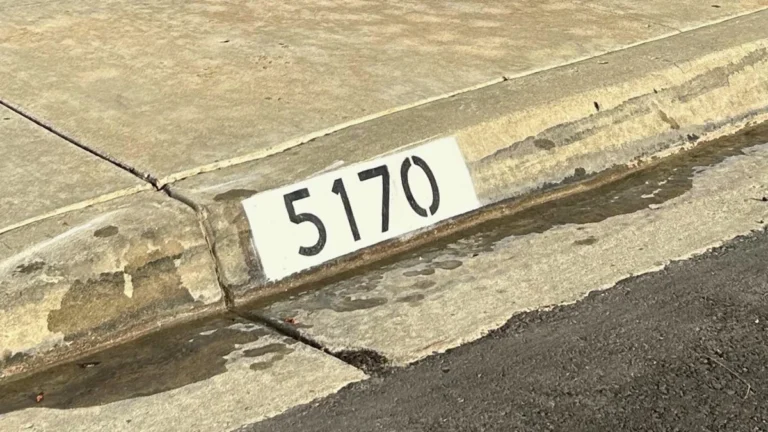 Curb Address Number 5170 Painted Black and White in San Diego Black number 5170 painted on a white curb marker, glistening on a wet curb after rain
