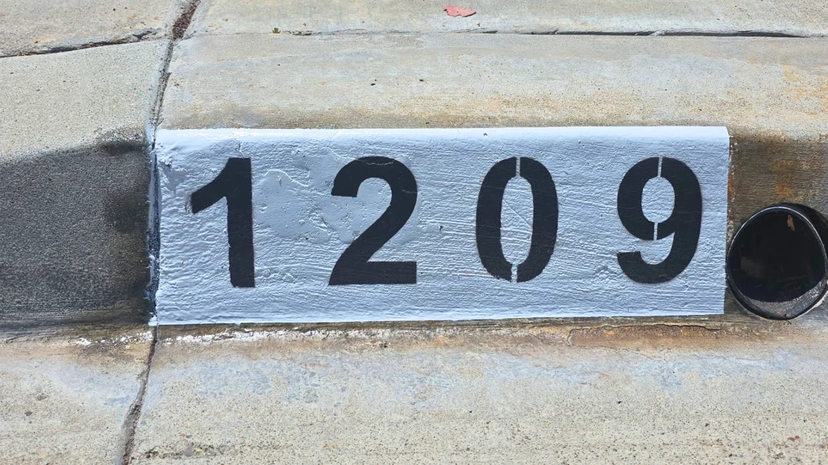 Curb Address Number 1209 Painted Beside Drain Pipe in San Diego Black number 1209 painted on a white curb marker next to a cast iron drain cleanout pipe