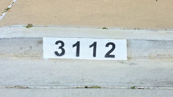 Black number 3112 painted on a white background curb marker along a sunlit residential street